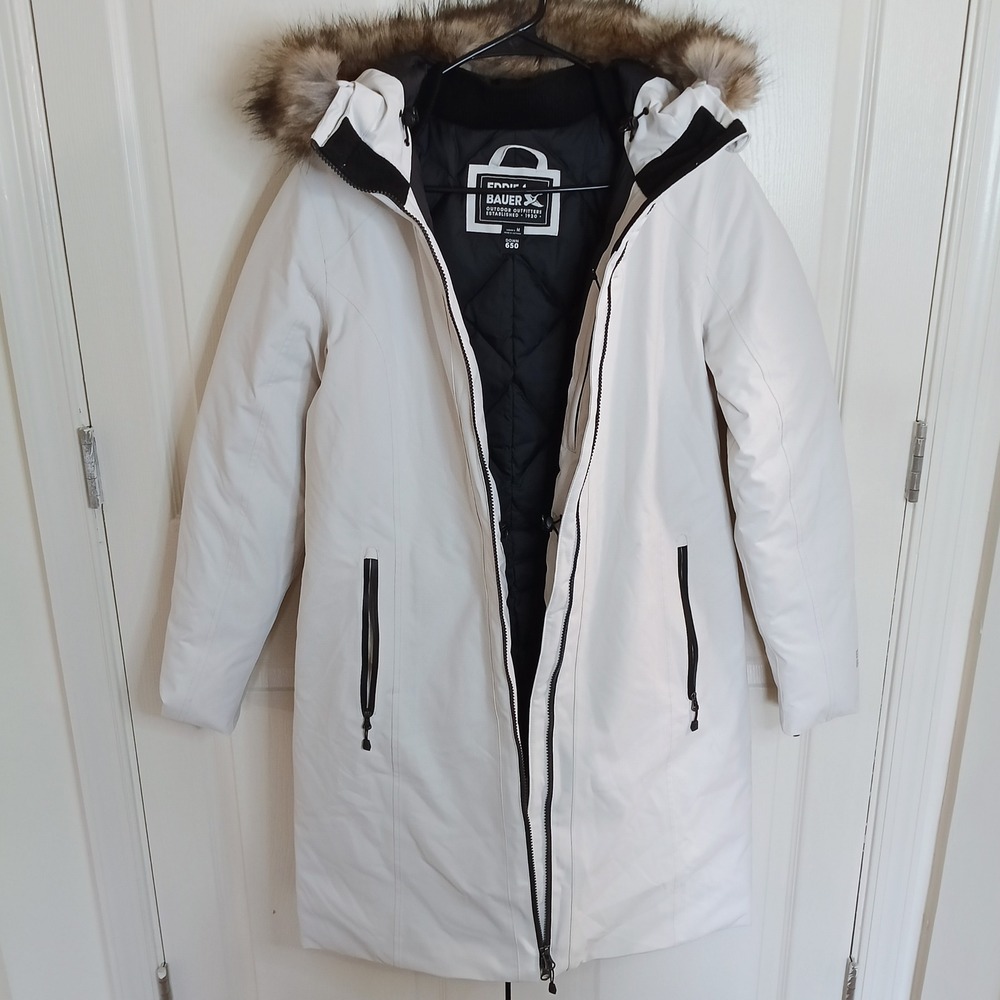Eddie Bauer Down Parka Womens M White Excellent Faux Fur Hood 650 Fill Coat